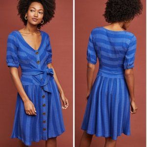 Blue Anthropologie striped dress with tie waist